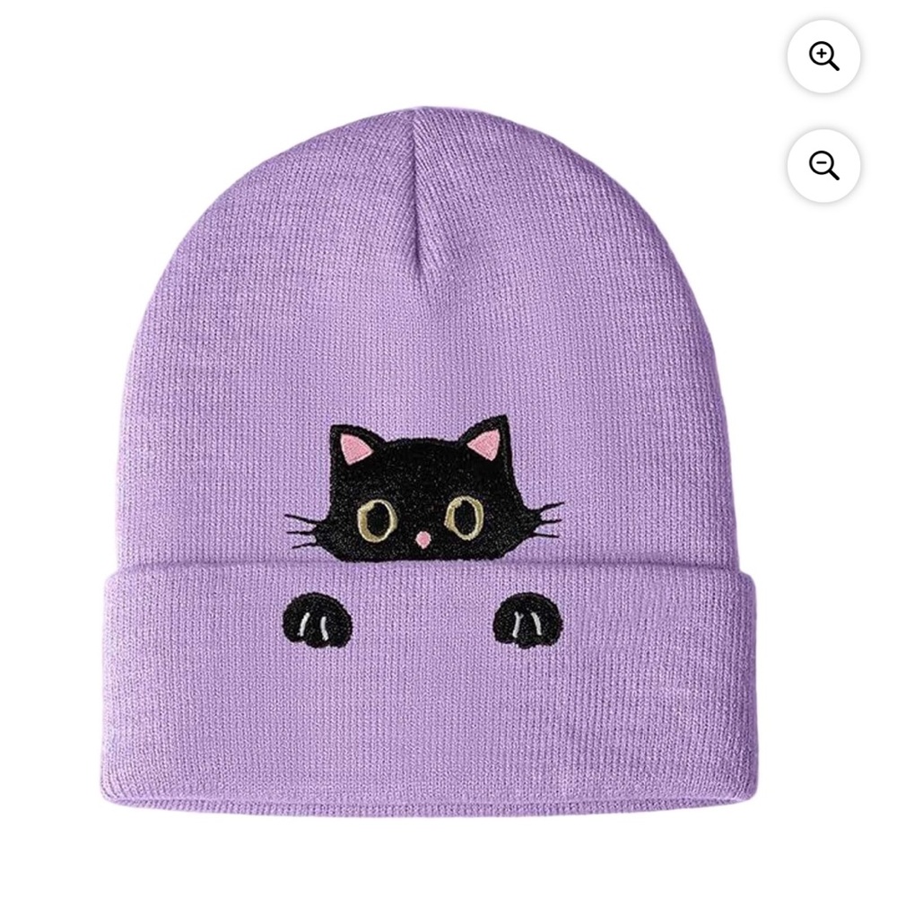 BRAND NEW Kids Lilac Beanie Hat with Peekaboo Black Cat Embroidery